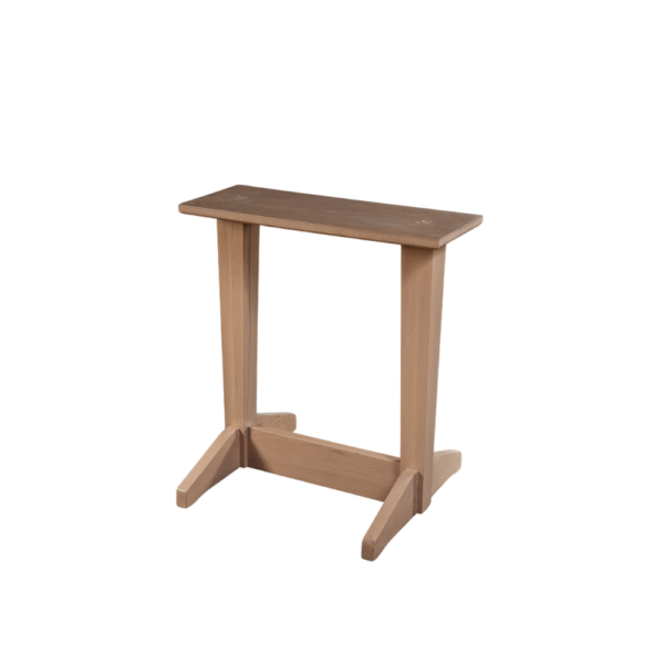 A minimalist wooden side table with a brown top and light wood legs, designed for functional use in home decor.
