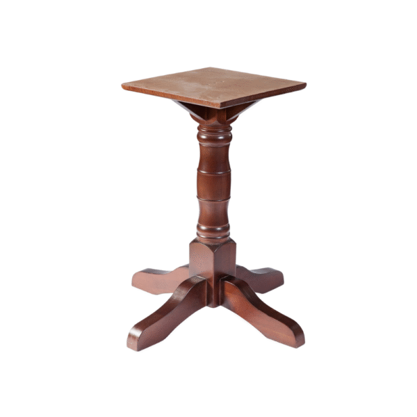 A stylish wooden side table featuring a square top and a beautifully turned pedestal base.