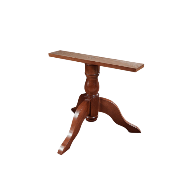 A classic wooden table base with a decorative design and tripod legs.