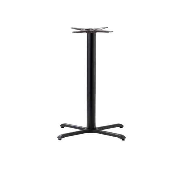 Black table base with a sturdy design and cross-shaped legs, ideal for restaurant or home use.