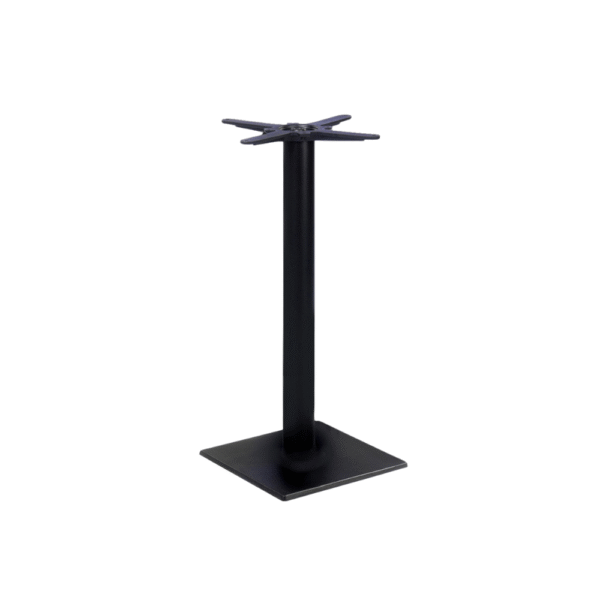 A sturdy black metal table base suitable for dining tables, featuring a square top and a durable column design.