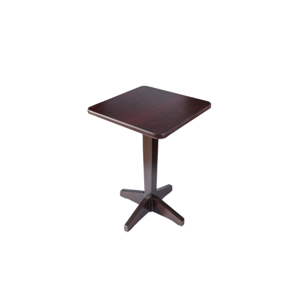 A sleek dark wooden square table with a sturdy cross base, perfect for dining or workspace.