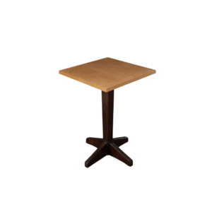 A stylish modern square wooden dining table with a dark base and light wooden top.
