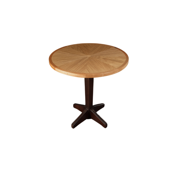 A stylish round wooden dining table with a unique design and sturdy base.