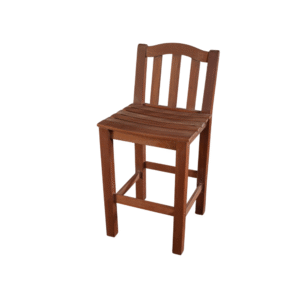 A sleek wooden bar stool with a slatted seat and backrest, perfect for modern home interiors.