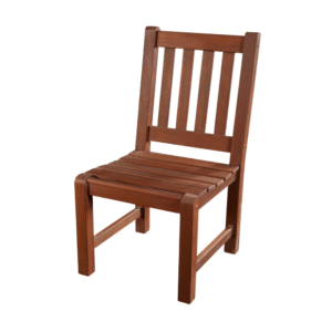 A classic wooden chair with a slatted back and seat, perfect for home or office use.