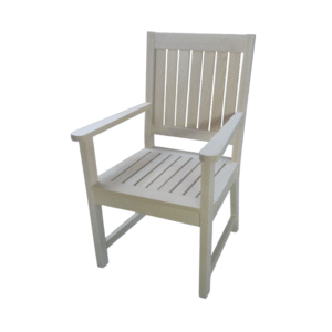 A stylish white wooden armchair with slatted back and seat