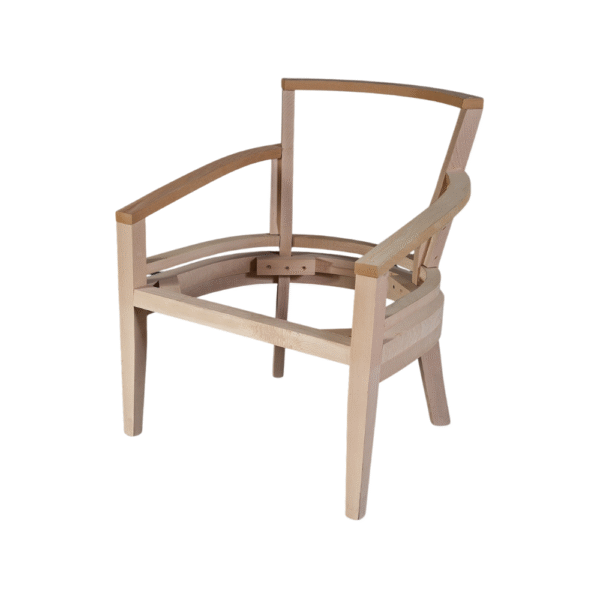 Unfinished wooden chair frame showcasing minimalistic design and craftsmanship.