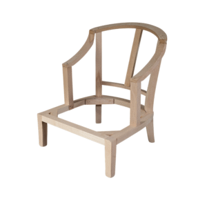 An incomplete wooden chair frame showing the structure without upholstery or finishing.