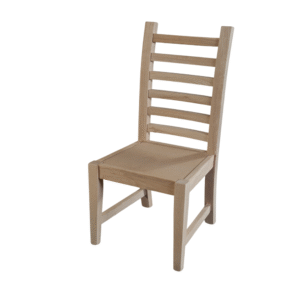 A minimalist wooden chair featuring a ladder back design, showcasing natural wood texture and simple construction.
