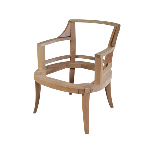 A partially constructed wooden chair featuring an elegant design with a minimalist style.