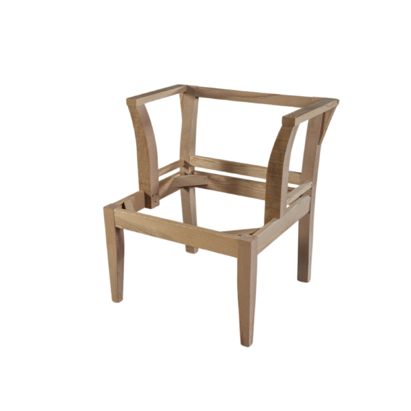 A minimalist wooden chair frame showcasing modern design with clean lines and an unfinished look.