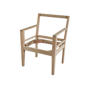 A minimalist unfinished wooden chair frame without upholstery, showcasing its structure and design.