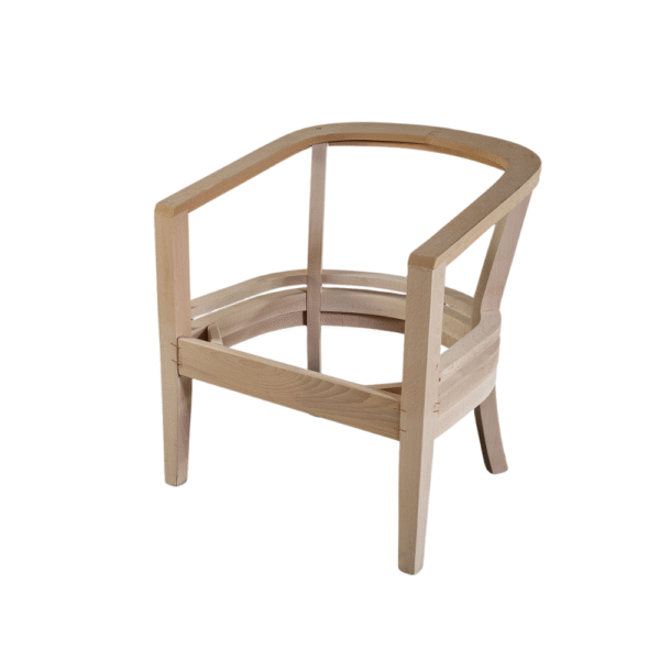 Minimalist design of an unfinished wooden chair frame without upholstery.
