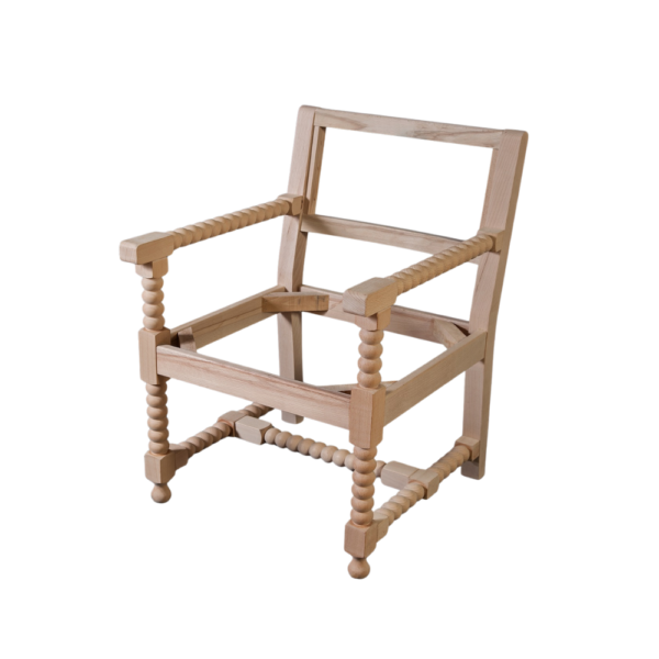 A wooden chair in an unfinished state, showcasing spindle legs and an open frame design.