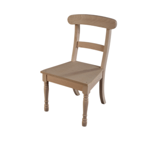 A simple, light-colored wooden chair with a rounded backrest and turned legs.