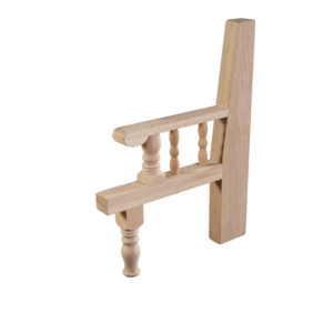 Raw wooden stair railing piece with balusters and support post
