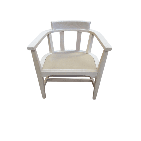 Front view of a stylish white armchair featuring a beige cushion, perfect for contemporary decor.