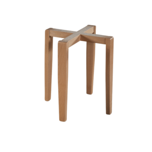 A minimalist wooden stool featuring a simple design with crossed legs, perfect for contemporary interiors.