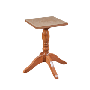 Elegant wooden side table with a square top and a decorative pedestal base.