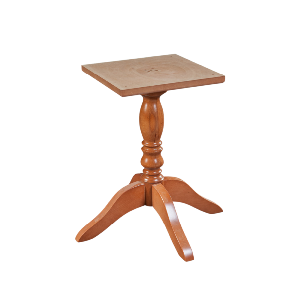 Elegant wooden side table with a square top and a decorative pedestal base.