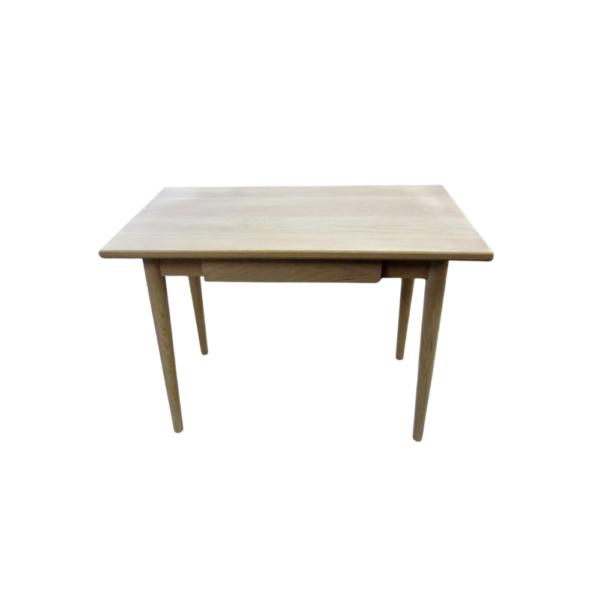 A minimalist wooden dining table featuring a drawer, suitable for dining and workspace use.